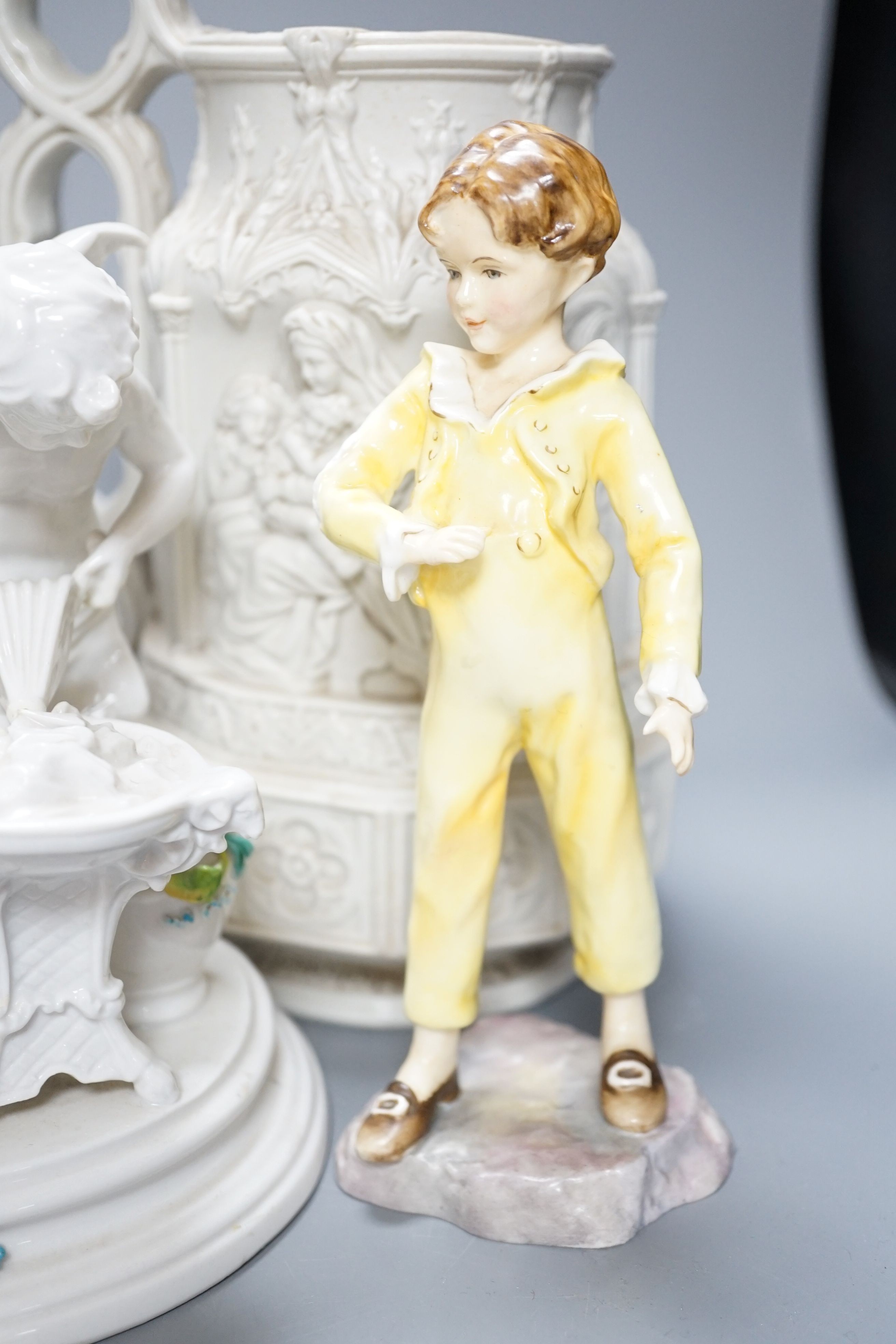 Ornamental china including uncommon three legged fairing, fairing 11 cms high, two continental porcelain groups, a Worcester figure the parakeet etc.